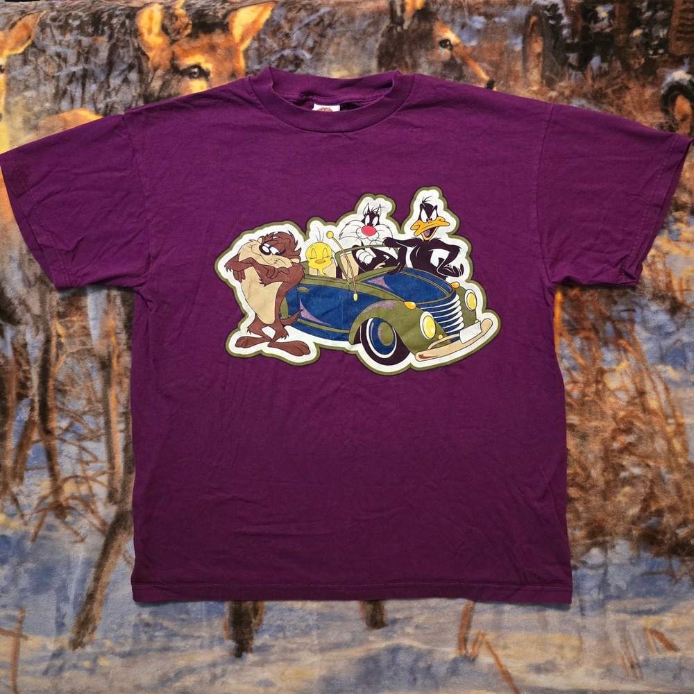 Vintage Looney Tunes 90s Cartoon TV Promo Volkswagen Y2K Purple Tee sz Large